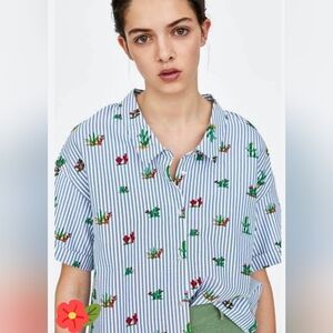 Zara Striped Oversize Button-Up Shirt with Cactus Print